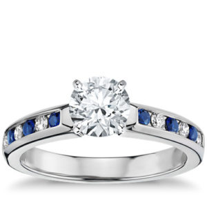 Channel Set Sapphire and Diamond Engagement Ring in 18k White Gold