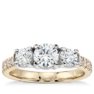 Classic Three-Stone Pave Diamond Engagement Ring in 18k Yellow Gold