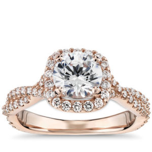 Twisting Cushion Halo Diamond Engagement Ring in 14k Rose Gold