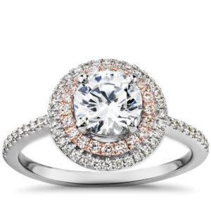 Two-Tone Petite Double Halo Engagement Ring in 14k White and Rose Gold