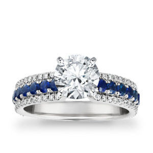 Three Row Sapphire and Diamond Engagement Ring in 14k White Gold