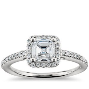 Asscher Cut Halo Diamond Engagement Ring in Platinum