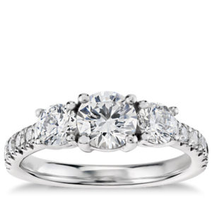 Three-Stone Pavé Diamond Engagement Ring in 14k White Gold